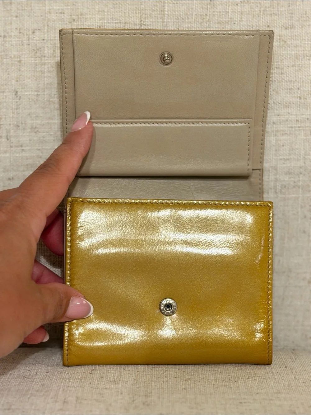 Prada Glossy Mustard Patent Leather Wallet with Silver Logo Bar